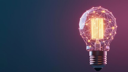 Poster - Polygon lightbulb with innovation and exchange concept. Illuminated light bulb with digital connections glowing brightly.