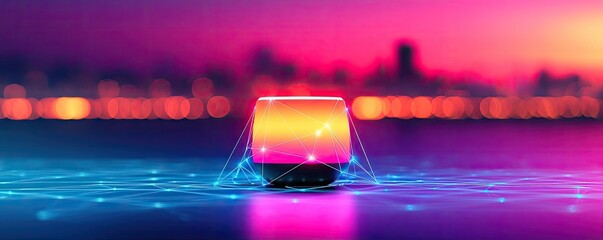 Poster - Polygon lightbulb featuring lamp and network concept. Futuristic glowing cube with vibrant neon lights on urban background.