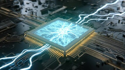 Poster - High-Tech Processor: A detailed view of a computer processor with intricate circuits, glowing energy patterns, and the essence of digital innovation.