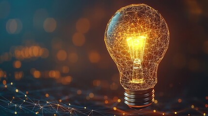 Poster - Polygon lightbulb with innovation and exchange concept. Illuminated light bulb with intricate glowing wire designs.