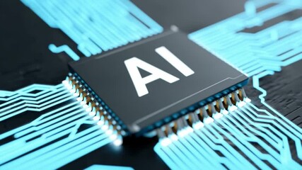 Poster - AI Chip: A close-up shot of an AI chip, a symbol of technological advancement. The chip sits on a circuit board. Blue light illuminates the scene, signifying innovation.