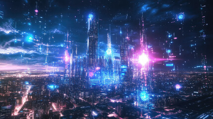 Wall Mural - Bright city lights explode in a colorful fireworks celebration under the starry night sky