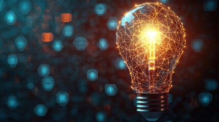 Poster - Polygon lightbulb with innovation and exchange concept. Illuminated light bulb with connected nodes representing innovation.