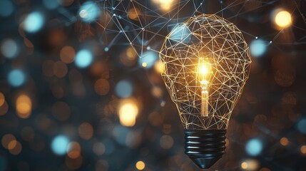 Poster - Polygon lightbulb with innovation and exchange concept. Illuminated light bulb with a network of connections and ideas.