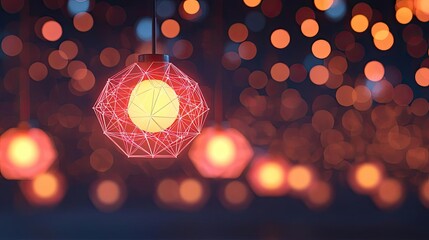 Poster - Polygon lightbulb in business and idea exchange concept. Stylish geometric hanging light with warm glowing ambiance.
