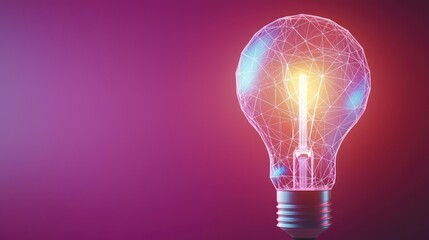 Poster - Polygon lightbulb featuring lamp and network concept. A glowing light bulb with intricate designs on a vibrant background.