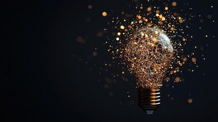 Poster - Polygon lightbulb with innovation and exchange concept. A glowing light bulb emits sparkling particles in dark space.
