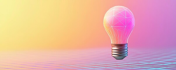 Poster - Polygon lightbulb featuring lamp and network concept. A glowing electric light bulb against a colorful gradient backdrop.