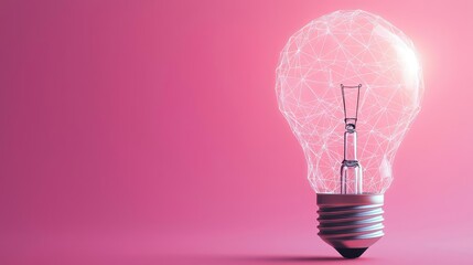 Poster - Polygon lightbulb featuring lamp and network concept. A glowing light bulb against a vibrant pink background.