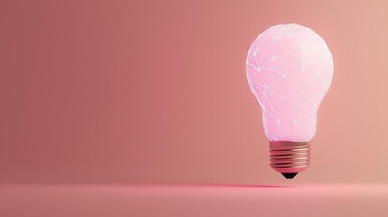 Poster - Polygon lightbulb with innovation and exchange concept. A glowing light bulb with a pink hue on a soft background.