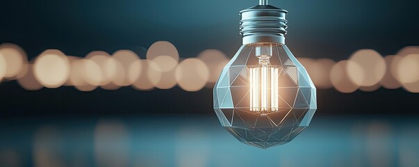 Poster - Polygon lightbulb featuring lamp and network concept. A close-up of a geometric light bulb emitting a soft glow.