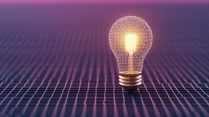 Poster - Polygon lightbulb featuring lamp and network concept. A glowing light bulb on a dark grid background, symbolizing innovation.
