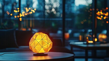 Poster - Polygon lightbulb in business and idea exchange concept. Stylish geometric lamp illuminating a cozy living space at dusk.