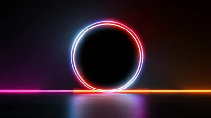 Poster - Neon Circle Portal: A vibrant neon circle portal glows with a mesmerizing blend of pink, blue, and orange hues, creating an otherworldly, futuristic backdrop.