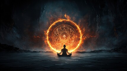 Poster - Mystical meditation ritual enchanted cave digital art dark environment ground level spiritual awakening