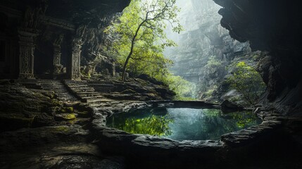 Poster - Mysterious cave exploration hidden oasis nature serene environment enigmatic viewpoint adventure awaits