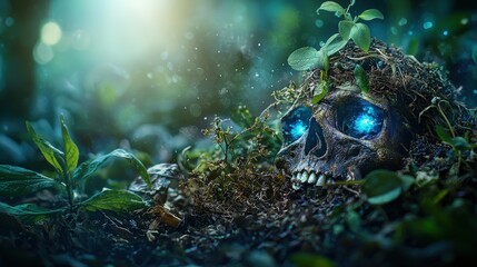 Poster - Mysterious skull surrounded by lush greenery enchanted forest fantasy art dreamlike atmosphere close-up view