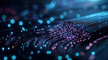 Poster - Lights of glowing fiber optic cables featuring macro connectors concept. Abstract visualization of colorful data streams and connections.