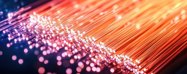 Poster - Lights of glowing fiber optic cables in digital technology connectors concept. Abstract glowing lines with vibrant bokeh in digital background.