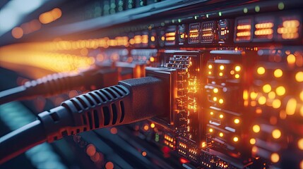 Aufkleber - Lights of glowing fiber optic cables in digital technology connectors concept. Close-up of illuminated server connections in a data center.