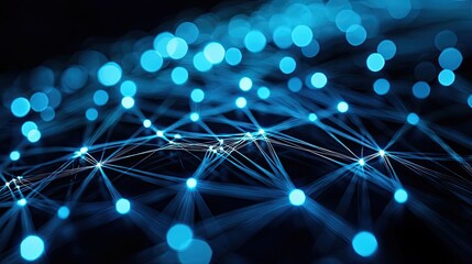 Poster - Lights of glowing fiber optic cables in digital technology connectors concept. Close-up view of a network of glowing blue particles and lines.