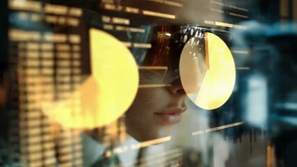 Poster - Strategic Insights: A focused woman intently examines the complex data and glowing charts reflecting on the screen. She embodies deep thought and analytical precision.