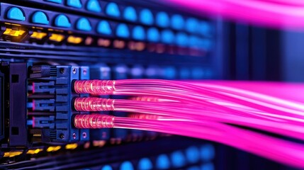 Aufkleber - Lights of glowing fiber optic cables featuring macro connectors concept. Vibrant data cables connected to a network switch in a server room.