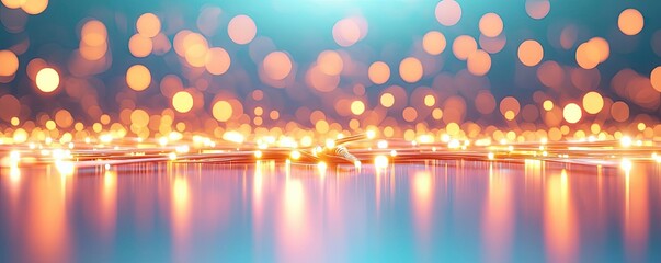 Poster - Lights of glowing fiber optic cables featuring macro connectors concept. A shimmering background with vibrant bokeh lights in soft focus.