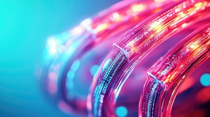 Poster - Lights of glowing fiber optic cables in digital technology connectors concept. Vivid close-up of illuminated digital cables with colorful glow.