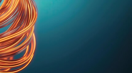Poster - Lights of glowing fiber optic cables in digital technology connectors concept. Abstract swirling lines in warm orange against a cool blue background.