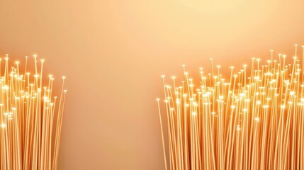 Poster - Lights of glowing fiber optic cables in digital technology connectors concept. Abstract golden fibers creating an elegant and modern background.