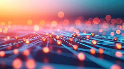 Poster - Lights of glowing fiber optic cables in digital technology connectors concept. Abstract digital landscape with glowing lines and lights.