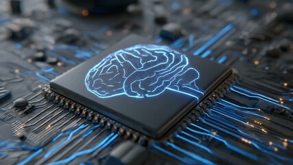 Poster - Artificial Intelligence Brain Chip: A close-up shot reveals a microchip with a glowing brain image, symbolizing the intersection of technology and human intelligence.