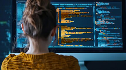 Aufkleber - Woman looking at code in cyber computing developer concept. Focused individual coding on a computer in a modern workspace.