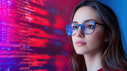 Poster - Woman looking at code in futuristic cyber technology concept. A focused young woman analyzing digital data on a screen.