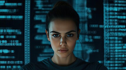 Fototapete - Woman looking at code in cyber computing developer concept. Focused woman working with digital data on a futuristic interface.