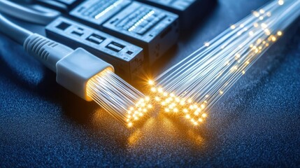 Aufkleber - Lights of glowing fiber optic cables showing network connectors concept. Close-up of fiber optic cables and connectors on a dark surface.