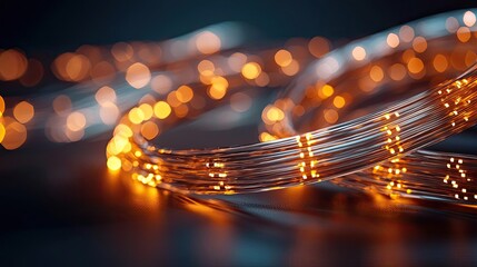 Poster - Lights of glowing fiber optic cables showing network connectors concept. Warm, glowing lights create a cozy atmosphere for any setting.