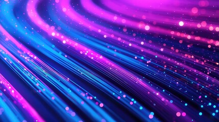 Poster - Lights of glowing fiber optic cables showing network connectors concept. Vibrant abstract lines with sparkling lights in blue and pink hues.