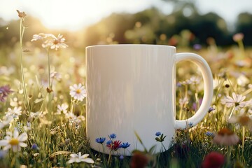 plain white ceramic mug, flower meadow background, grassy patch podium, blooming wildflowers around,
