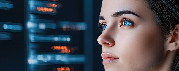 Aufkleber - Woman looking at code with cyber screen programming concept. Focused woman analysis data on blue screen with coding interface.