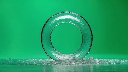 Poster - Water Ring on Green: A mesmerizing ring of water, seemingly defying gravity, stands poised against a vibrant green backdrop. Water droplets cascade downwards creating a dynamic visual.