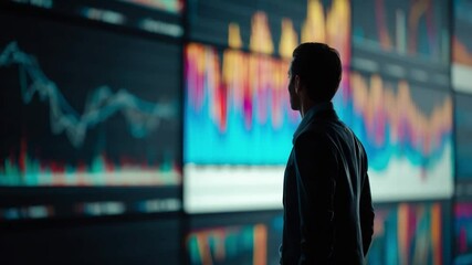 Poster - Analyzing Data: A focused individual stands before a dynamic display of market data. The room is illuminated, and the person appears immersed in the complex information.