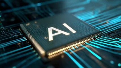 Poster - AI Chip Close-Up: High-tech AI chip with the letters AI etched on its surface, revealing intricate circuit patterns that represent the evolution of cutting-edge technology. 