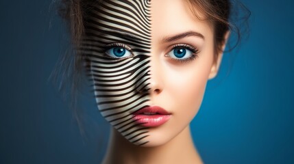 Wall Mural - woman with blue eyes and red lips is the center of a zebra print face. the zebra print is on both si