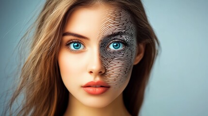 Wall Mural - woman with blue eyes and red lips is the main focus of the image. the photo is a close-up of her fac