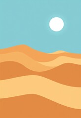 a minimalist illustration of a desert landscape under a clear blue sky with a bright sun and undulat