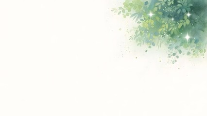 Poster - 水彩画の緑の葉と輝く光の抽象的な背景 装飾的な植物デザイン 白い空間に手描きの爽やかなアートワーク