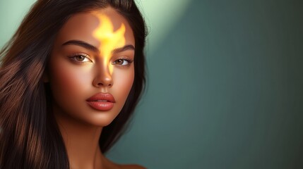 Wall Mural - woman with long dark hair and a tan complexion is standing in front of a green wall. she has a brigh