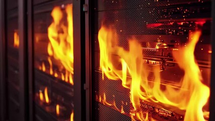 Poster - Flames engulf server rack in a data center during a catastrophic fire incident, Flames engulfing server rack, depicting a data center fire